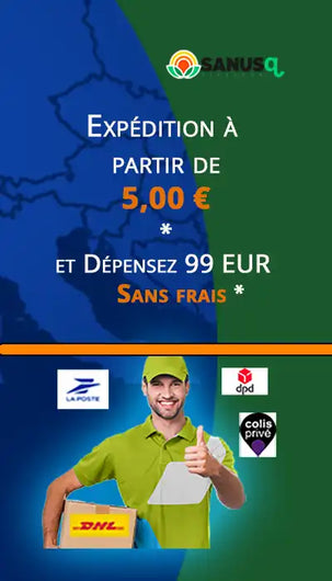 Expédition SANUS à partir de 5€ avec livraison gratuite dès 99€ présentant logos services