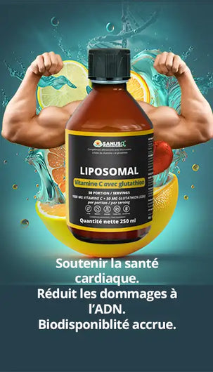 Bouteille de vitamine C liposomale avec bras levés et agrumes. Texte sur santé cardiaque et protection de l'ADN