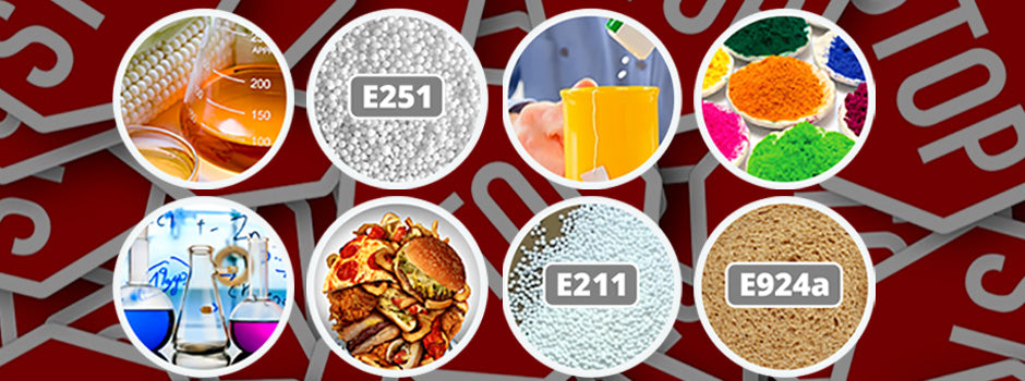 Additifs alimentaires à éviter, dont sirop de maïs, édulcorants, colorants, E251, E211 et E924a, sur fond de panneaux stop – SANUSq Health