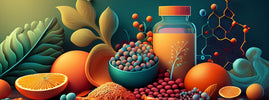 Illustration SANUSq Health des bienfaits de la coenzyme Q10 : flacon de complément, agrumes, gélules et molécule