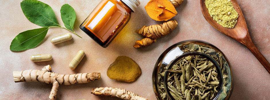 Racines adaptogènes, curcuma, plantes séchées et gélules pour l'article SANUSq Health sur la science des adaptogènes