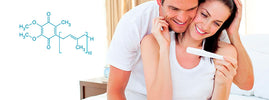 Couple souriant découvrant un test de grossesse, à côté de la structure moléculaire de la coenzyme Q10, SANUSq Health