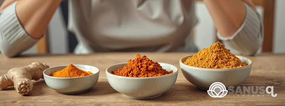 Bols de poudre de curcuma et de curcumine avec racine fraîche sur une table en bois — SANUSq Health