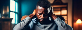 Homme assis se tenant la nuque de douleur, maux de tête d'origine cervicale liés aux tensions du cou – SANUSq Health