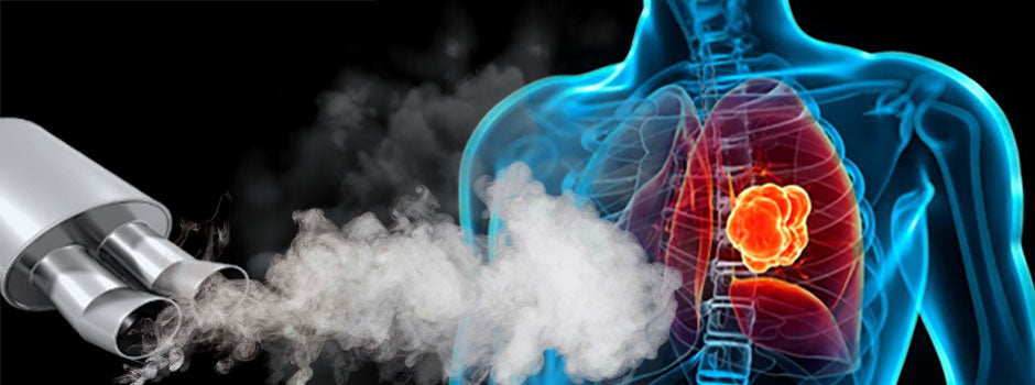 Fumées d'échappement diesel face à un poumon atteint d'une tumeur, par SANUSq Health sur le diesel et le cancer