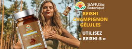 Femme méditant en forêt près des gélules de champignon reishi SANUSq Health et du code de réduction REISHI-5
