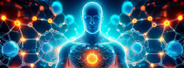 Silhouette humaine lumineuse entourée de structures moléculaires, illustrant l'épuisement du glutathion – SANUSq Health