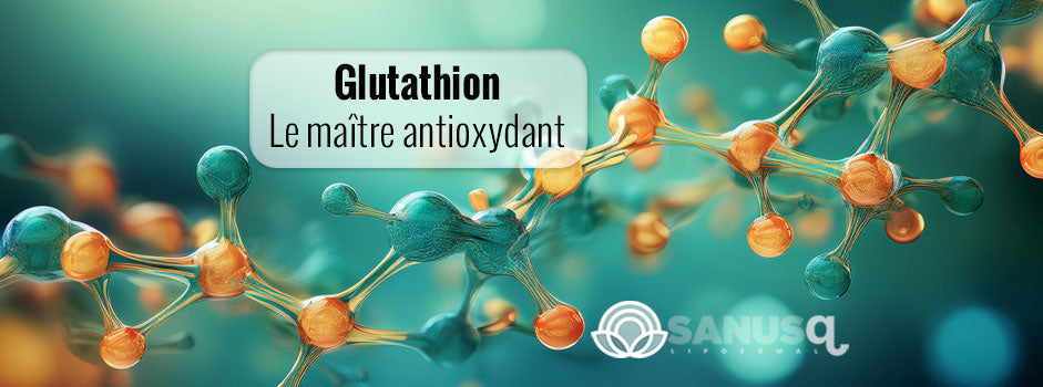 Bannière glutathion avec l'accroche le maître antioxydant sur un fond moléculaire.