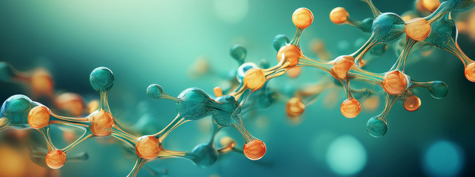 Modèle moléculaire 3D turquoise et orange sur fond bleuté, par SANUSq Health sur le glutathion, maître antioxydant