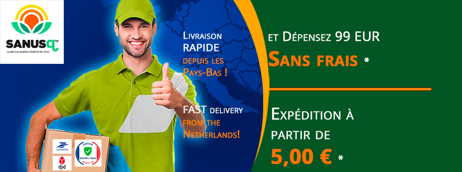 Livreur remettant un colis SANUSq Health : envoi rapide depuis les Pays-Bas, frais de port offerts dès 99 € d'achat