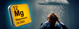 Homme anxieux se tenant la tête sous un nuage de pluie, à côté du symbole du magnésium du tableau périodique, SANUSq Health