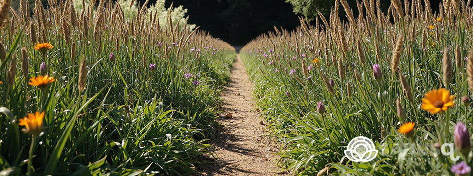 Sentier naturel bordé de plantes sauvages et de fleurs, évoquant un régime végétal — SANUSq Health