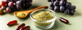 Poudre et gélules de resvératrol entourées de raisins noirs — SANUSq Health