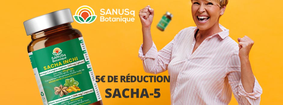 Femme joyeuse à côté des gélules d'oméga-3 Sacha Inchi SANUSq Health avec 5 € de réduction et le code SACHA-5