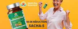 Femme joyeuse à côté des gélules d'oméga-3 Sacha Inchi SANUSq Health avec 5 € de réduction et le code SACHA-5