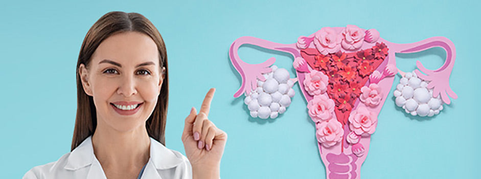 Professionnelle de santé et illustration du système reproducteur féminin, évoquant le SOPK — SANUSq Health