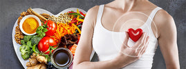 Assiette en forme de cœur garnie d'aliments sains et femme tenant un cœur rouge : effets secondaires des statines, SANUSq Health