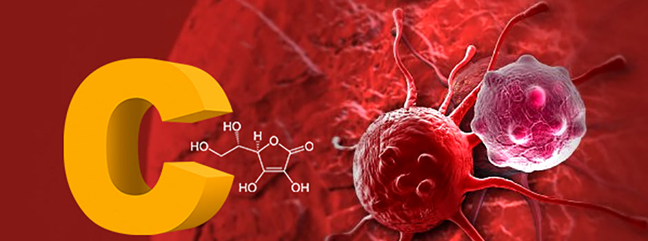 Grande lettre C jaune et molécule de vitamine C près de cellules cancéreuses, par SANUSq Health sur la vitamine C et le cancer
