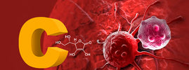 Grande lettre C jaune et molécule de vitamine C près de cellules cancéreuses, par SANUSq Health sur la vitamine C et le cancer