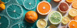 Agrumes tranchés sur fond turquoise, illustrant la vitamine C et le glutathion, par SANUSq Health
