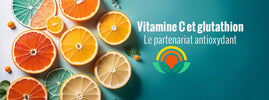 Vitamine C liposomale au glutathion : agrumes et motif cellulaire antioxydant sur la bannière.