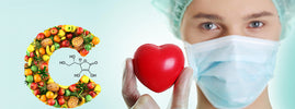 Chirurgien masqué tenant un cœur rouge, à côté d'un C formé de fruits et de la molécule de vitamine C, SANUSq Health