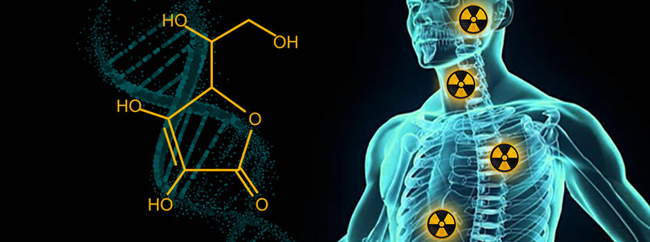 Hélice d'ADN et structure moléculaire près d'un corps humain marqué de symboles radioactifs, par SANUSq Health sur la vitamine C