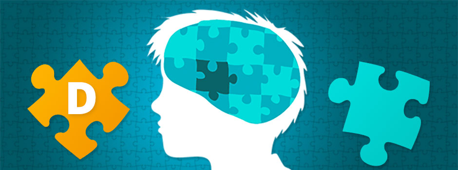 Silhouette d'enfant au cerveau en puzzle incomplet, avec une pièce vitamine D, lien avec l'autisme – SANUSq Health