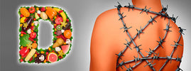 Lettre D en fruits et légumes et dos entouré de barbelés : vitamine D et fibromyalgie, par SANUSq Health
