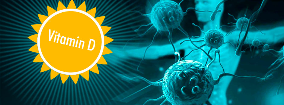 Soleil symbolisant la vitamine D près de cellules immunitaires, évoquant les défenses — SANUSq Health