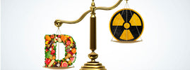 Balance opposant un D formé de fruits et légumes à un symbole radioactif, par SANUSq Health sur la vitamine D et les radiations