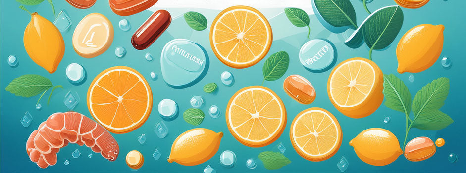 Illustration d'agrumes, de gélules et de feuilles vertes, évoquant vitamines et minéraux — SANUSq Health