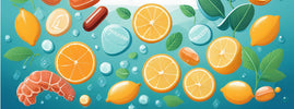 Illustration d'agrumes, de gélules et de feuilles vertes, évoquant vitamines et minéraux — SANUSq Health