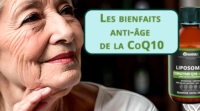 Bienfaits anti-âge de la CoQ10 Liposomale SANUSq Health – femme mature à la peau radieuse et structure moléculaire
