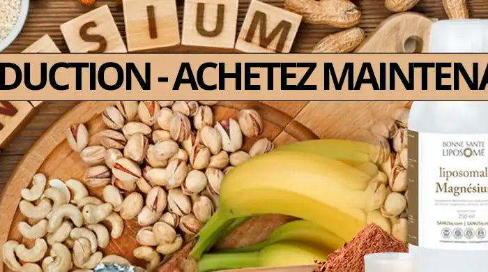 Bannière de réduction 50 % magnésium, présentant une bouteille de magnésium liposomal entourée d'aliments naturels riches en magnésium comme les noix, graines et bananes