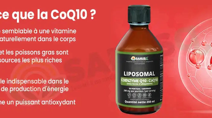 Flacon de CoQ10 liposomal SANUSq avec explication des bienfaits