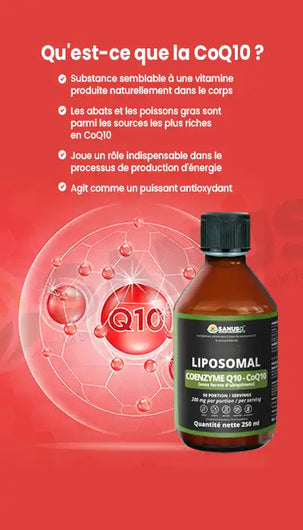 Flacon de CoQ10 liposomal SANUSq avec explication des bienfaits