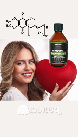 Femme souriante avec cœur rouge et CoQ10 liposomal SANUSq