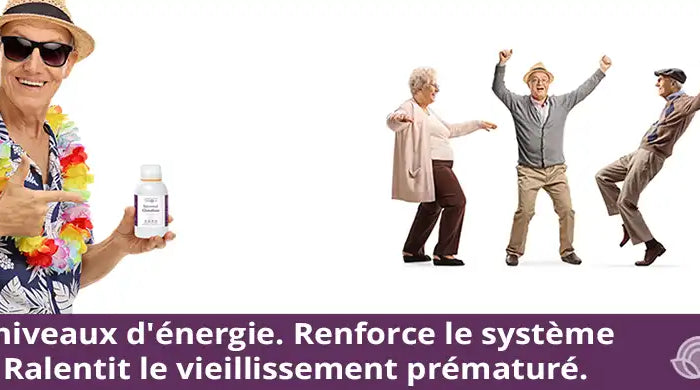 Senior heureux avec glutathion liposomal SANUS montrant énergie et vitalité améliorées