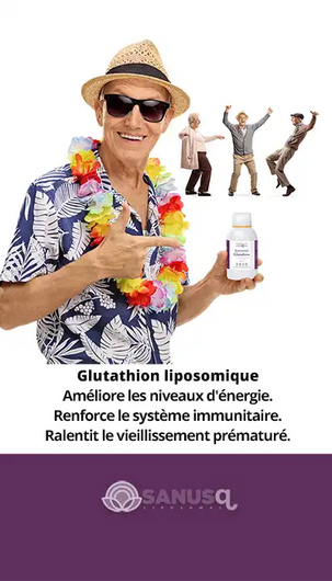 Senior heureux avec glutathion liposomal SANUS montrant énergie et vitalité améliorées