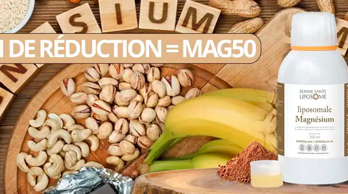Bannière de coupon de réduction magnésium avec code MAG50, présentant une bouteille de magnésium liposomal entourée d'aliments naturels riches en magnésium comme les noix, graines et bananes