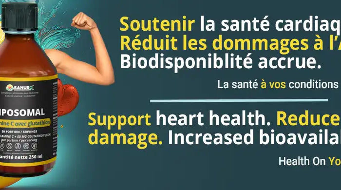 Bouteille de supplément liposomal vitamine C CoQ10 avec agrumes et femme athlétique montrant bénéfices santé cardiaque et protection ADN