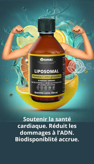 Bouteille de supplément liposomal vitamine C CoQ10 avec agrumes et femme athlétique montrant bénéfices santé cardiaque et protection ADN