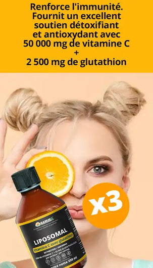 Bouteille de vitamine C liposomale avec glutathion et femme tenant une tranche d'orange devant son œil sur fond jaune