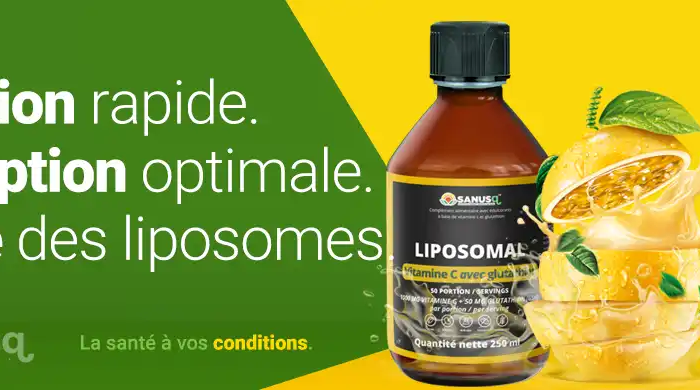 Bouteille de vitamine C liposomale avec fruit de la passion splash sur fond vert et jaune illustrant absorption rapide