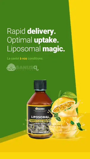 Bouteille de vitamine C liposomale avec fruit de la passion splash sur fond vert et jaune illustrant absorption rapide