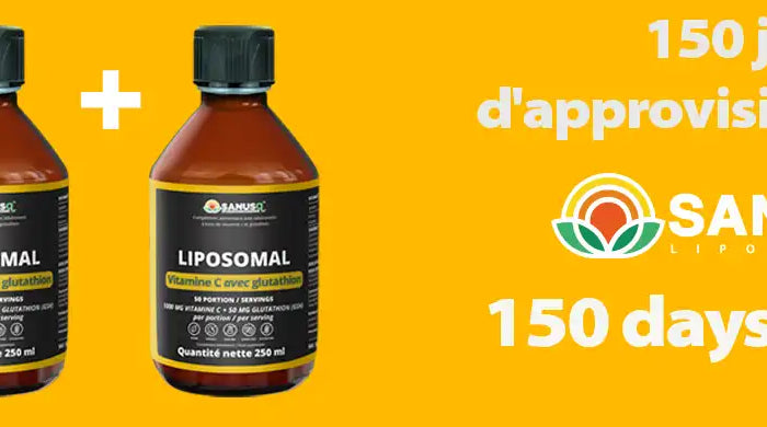 Trois bouteilles de vitamine C liposomale avec glutathion montrant approvisionnement de 150 jours sur fond jaune