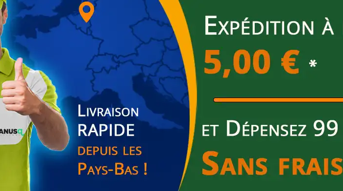 Livreur souriant avec colis montrant expédition à 5 euros et livraison gratuite dès 99 euros avec logos transporteurs