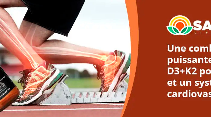 Bouteille de vitamine D3+K2 liposomale avec coureur athlétique montrant visualisation des os pour santé osseuse et cardiovasculaire