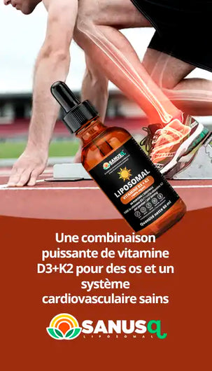 Bouteille de vitamine D3+K2 liposomale avec coureur athlétique montrant visualisation des os pour santé osseuse et cardiovasculaire